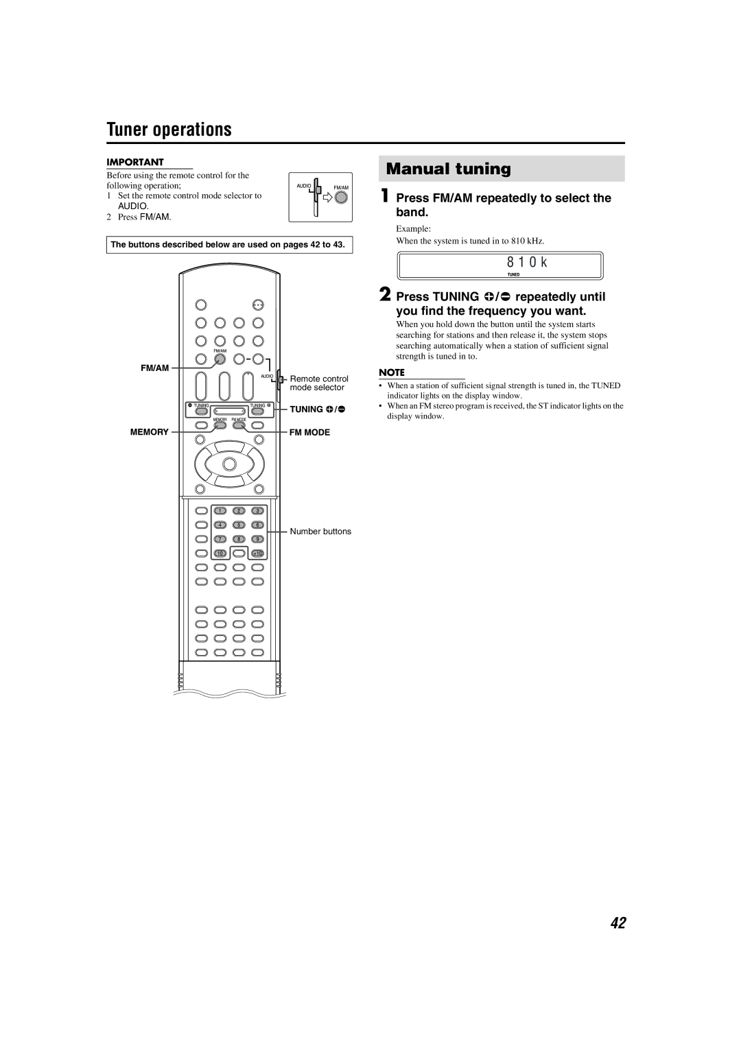 JVC TH-M303, TH-M603, TH-M505, TH-M606 manual Tuner operations, Manual tuning, 0 k, Press FM/AM repeatedly to select the band 