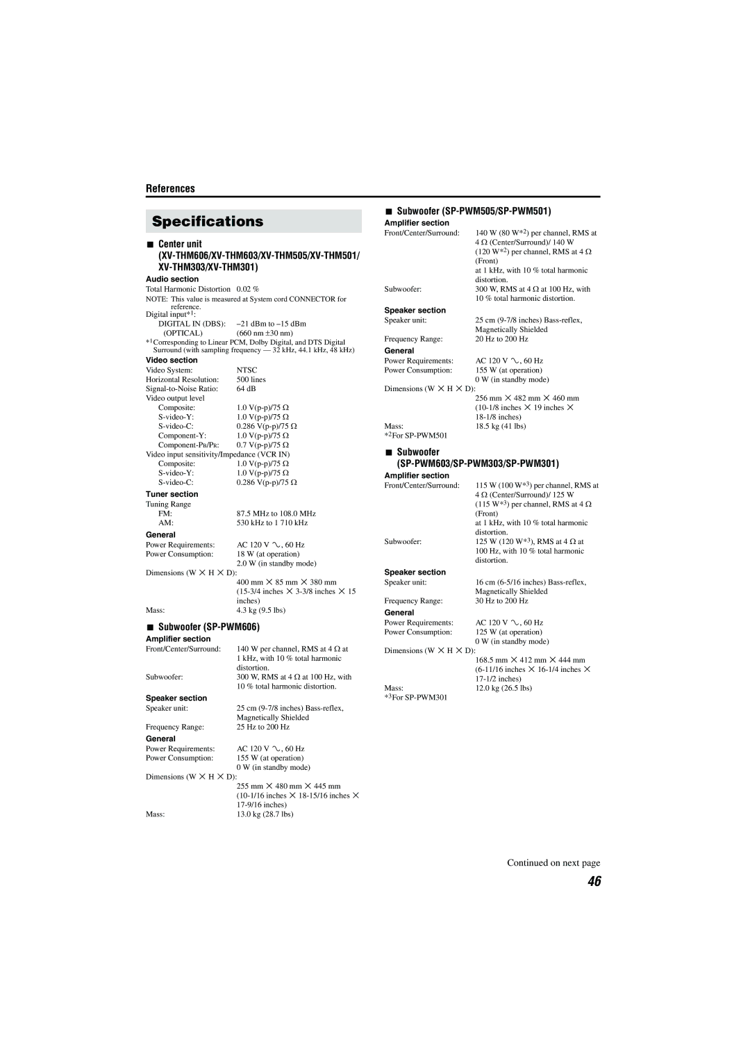 JVC TH-M505, TH-M603, TH-M606 manual Specifications, XV-THM303/XV-THM301, Subwoofer SP-PWM606, Subwoofer SP-PWM505/SP-PWM501 