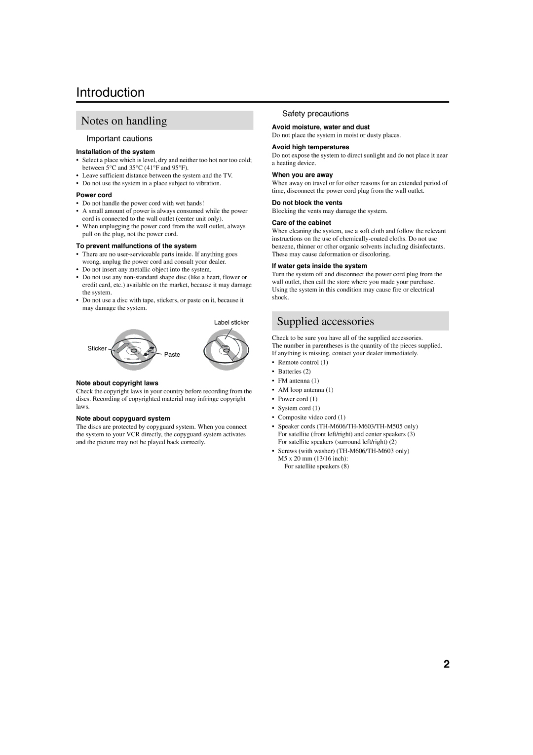 JVC TH-M301, TH-M603, TH-M505, TH-M606, TH-M303 Introduction, Supplied accessories, Important cautions, Safety precautions 