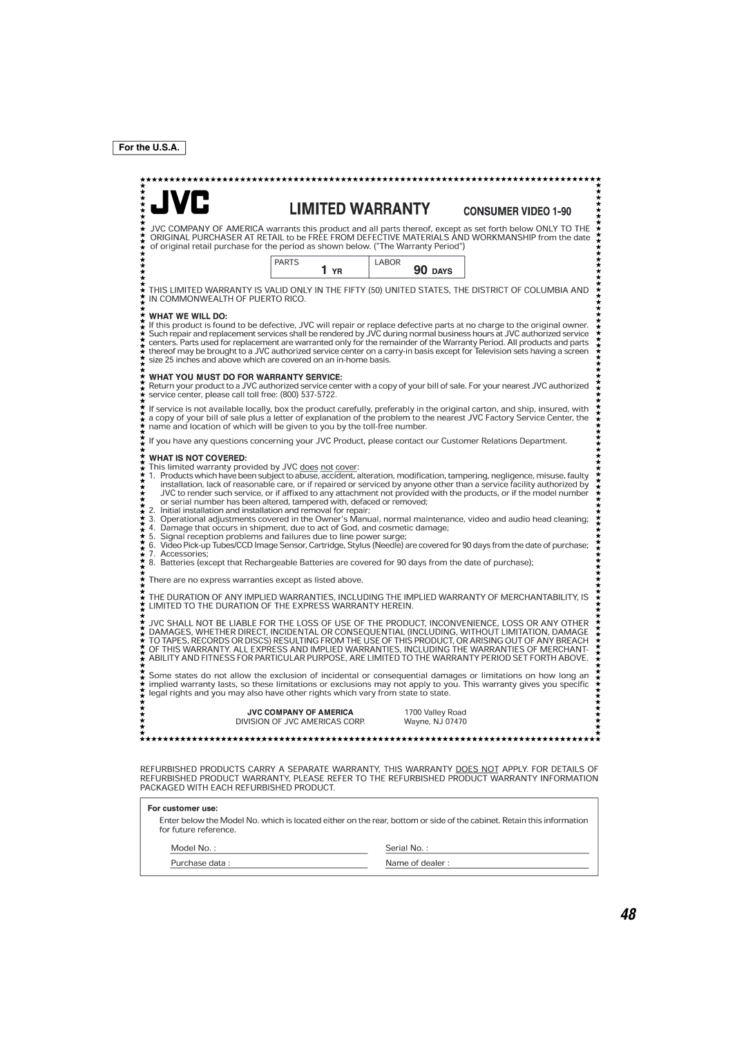 JVC TH-M303, TH-M603, TH-M505, TH-M606, TH-M501, TH-M301 manual For the U.S.A 