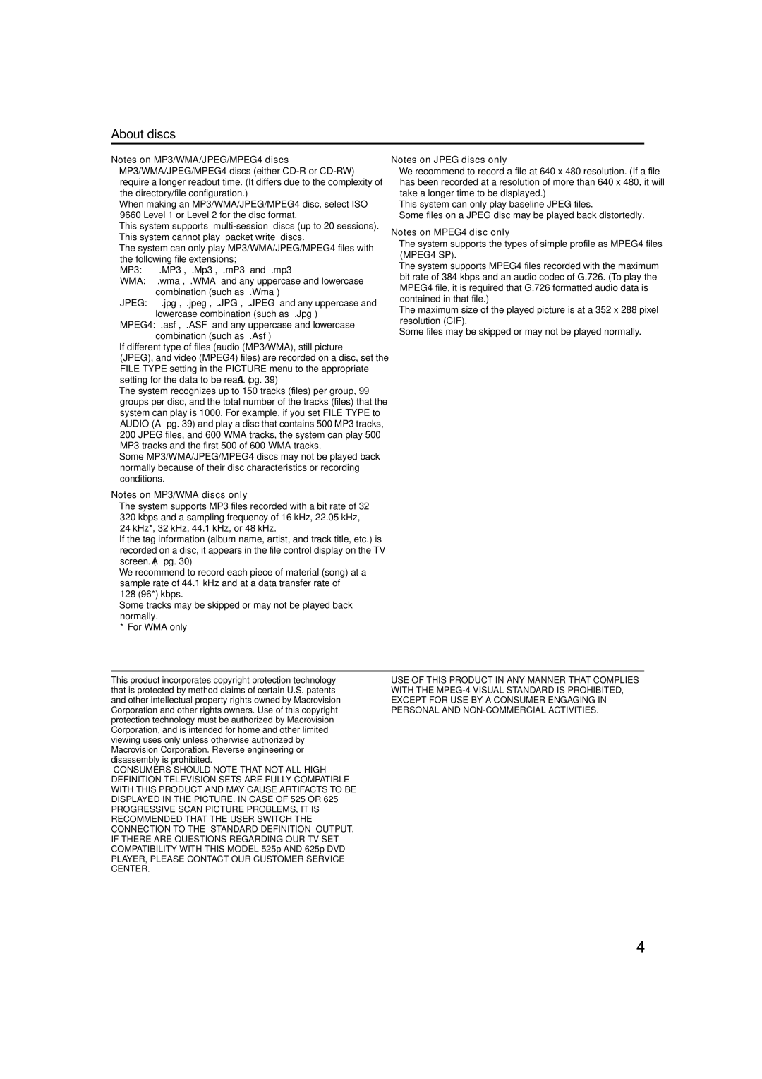 JVC TH-M505, TH-M603, TH-M606, TH-M303, TH-M501, TH-M301 manual About discs 