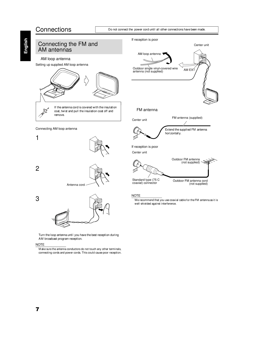 JVC TH-S2, TH-S3 manual Connections, Connecting the FM and AM antennas, AM loop antenna, FM antenna 