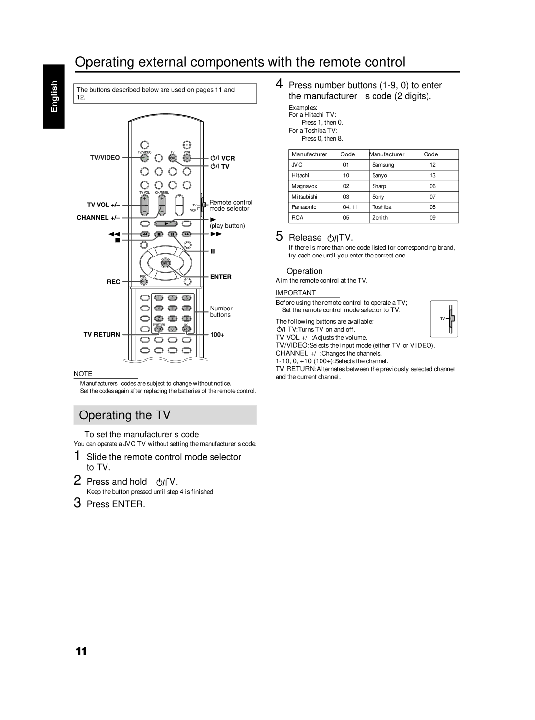 JVC TH-S2, TH-S3 manual Operating external components with the remote control, Operating the TV, Release TV, Operation 