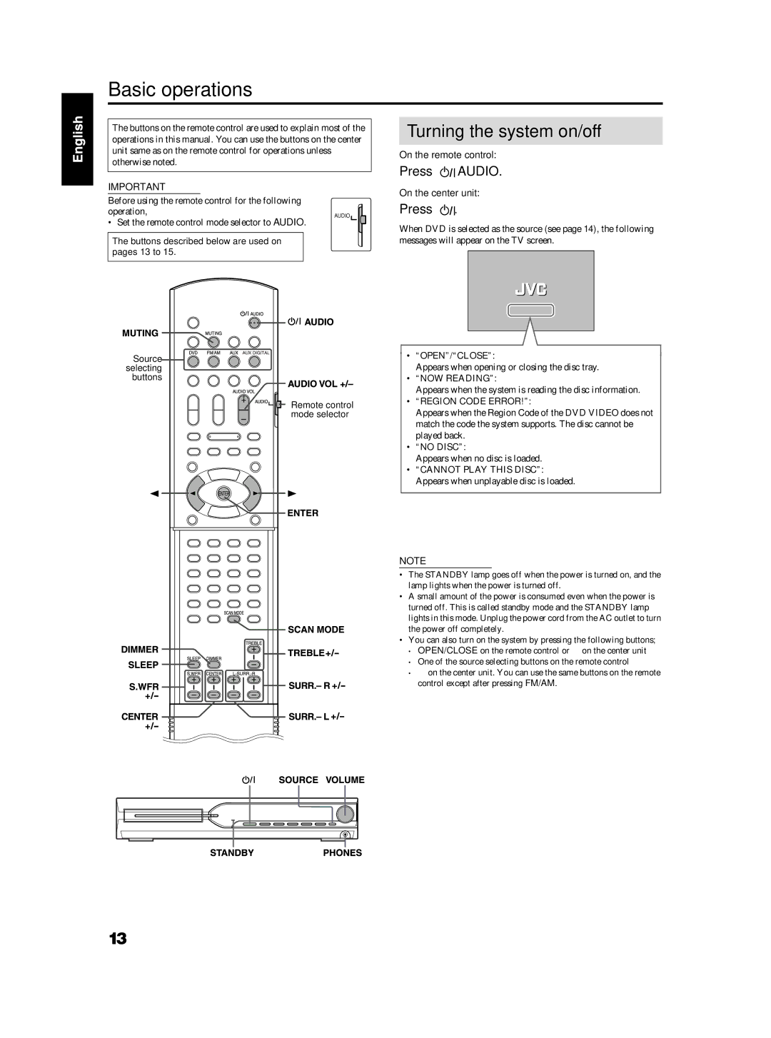 JVC TH-S2, TH-S3 manual Basic operations, Turning the system on/off, Press Audio 