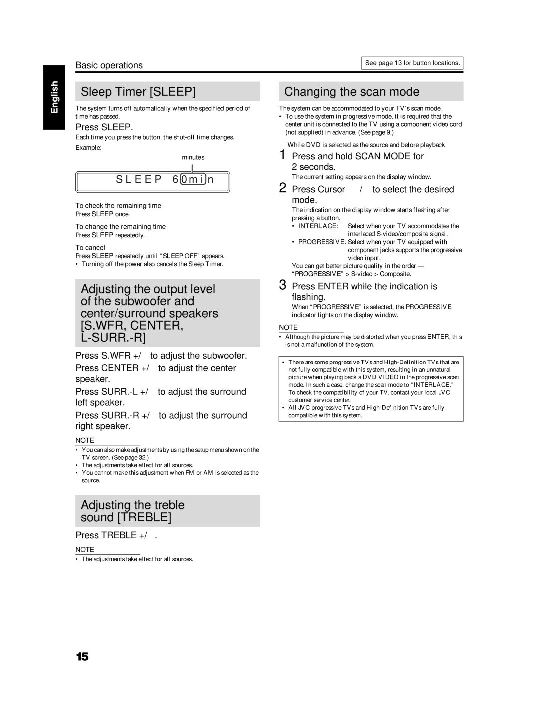 JVC TH-S2, TH-S3 manual Sleep Timer Sleep, Adjusting the treble sound Treble, Changing the scan mode, E E P 6 0 m i n 