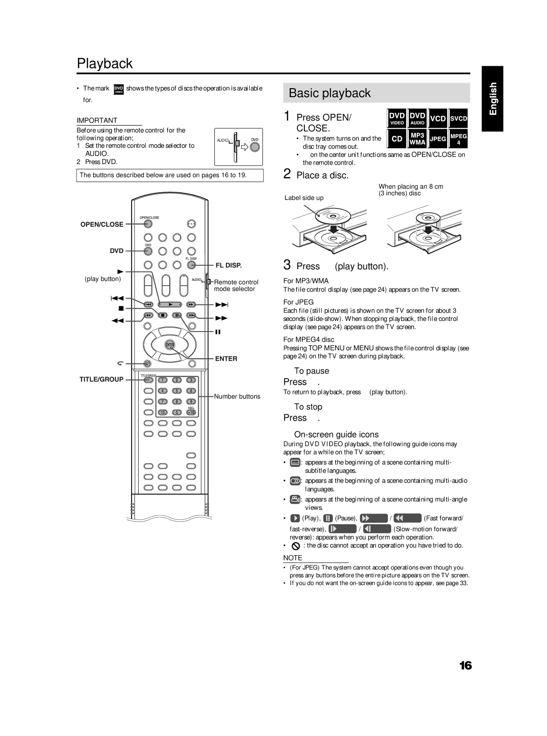 JVC TH-S3, TH-S2 manual Playback, Basic playback, Press Open, Place a disc, Press 3 play button 