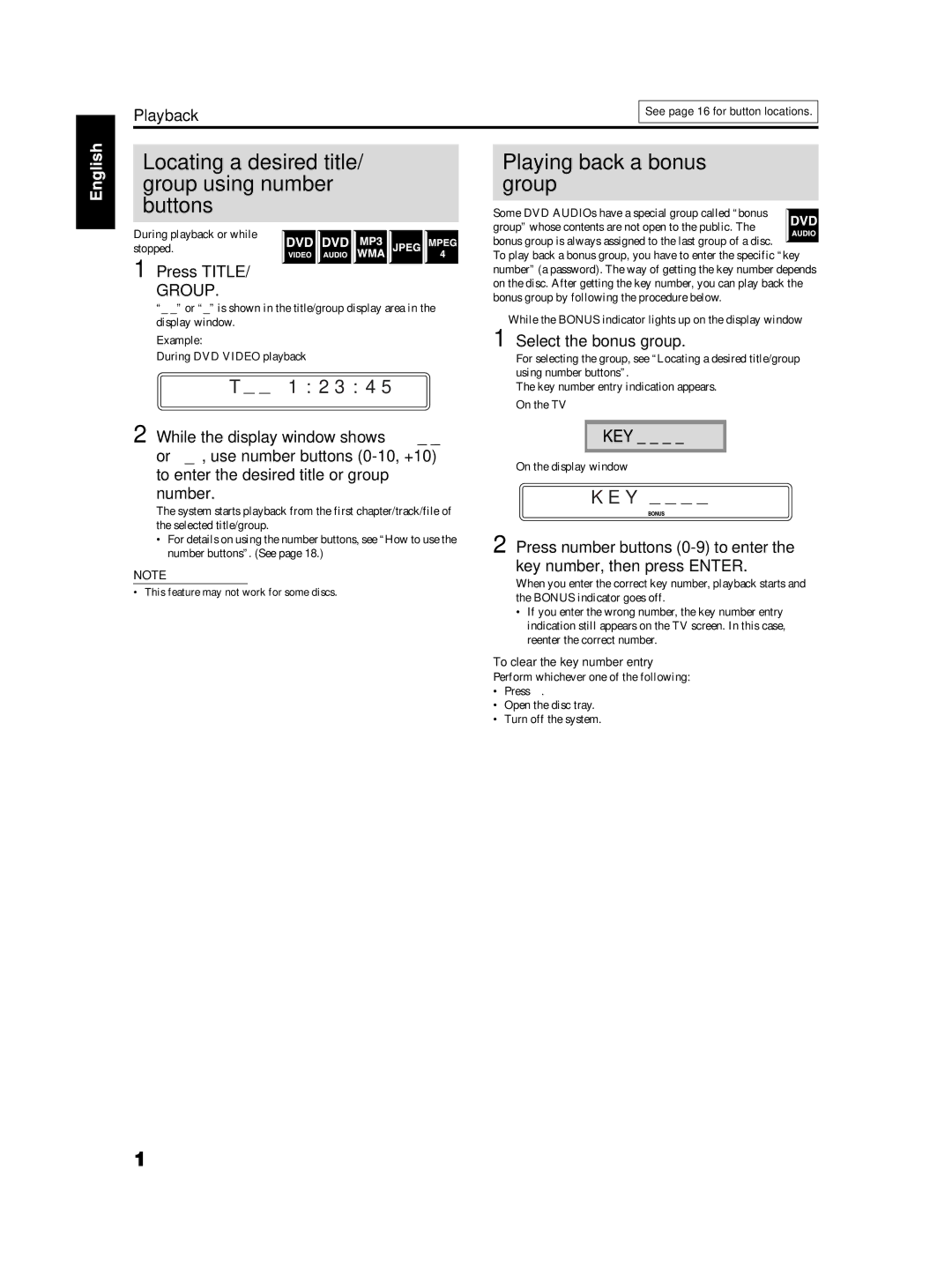 JVC TH-S2, TH-S3 manual Locating a desired title/ group using number buttons, Playing back a bonus group, 2 3 4, Press Title 