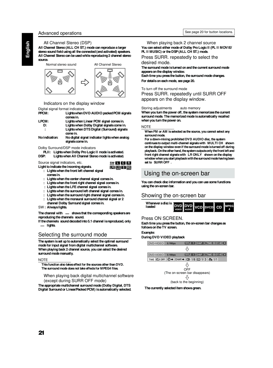 JVC TH-S2, TH-S3 manual Using the on-screen bar, Selecting the surround mode, Showing the on-screen bar, Press on Screen 