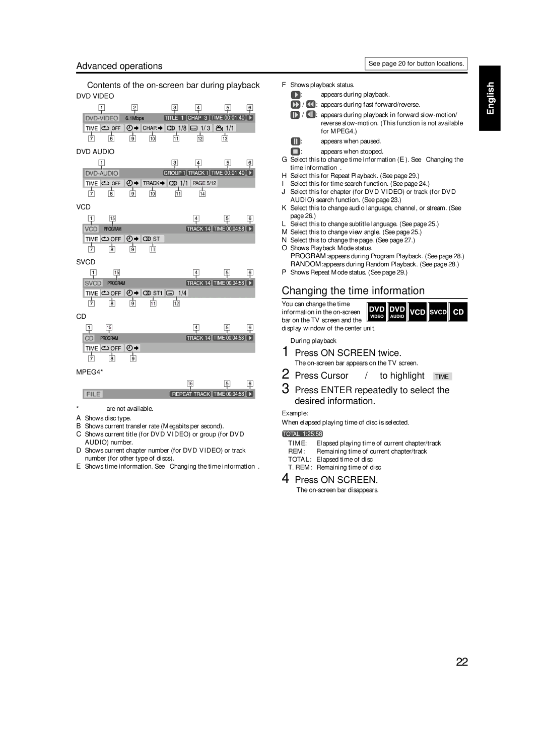 JVC TH-S3, TH-S2 manual Changing the time information, Press on Screen twice, Contents of the on-screen bar during playback 