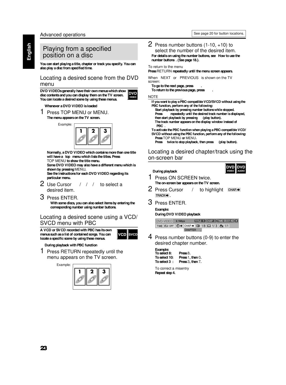 JVC TH-S2, TH-S3 manual Playing from a specified position on a disc, Locating a desired scene from the DVD menu 