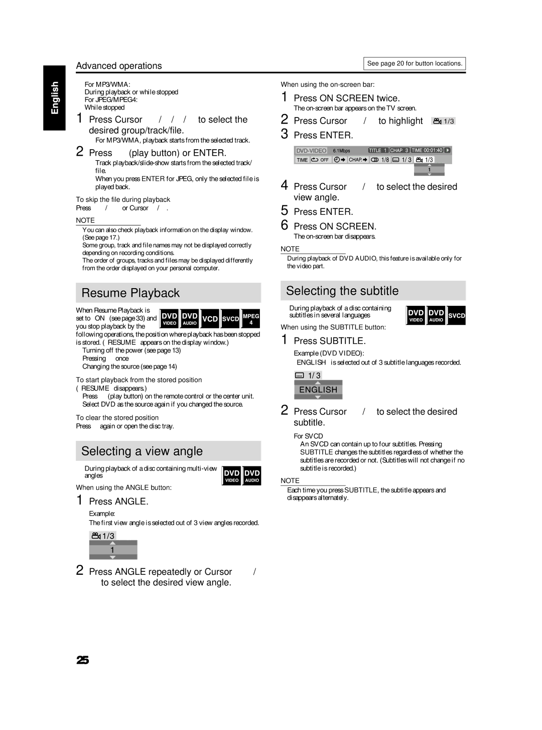 JVC TH-S2, TH-S3 manual Resume Playback, Selecting a view angle, Selecting the subtitle 