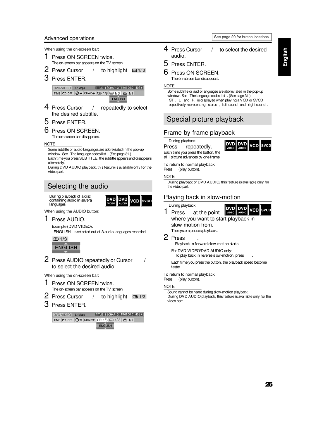 JVC TH-S3, TH-S2 manual Selecting the audio, Special picture playback, Frame-by-frame playback, Playing back in slow-motion 