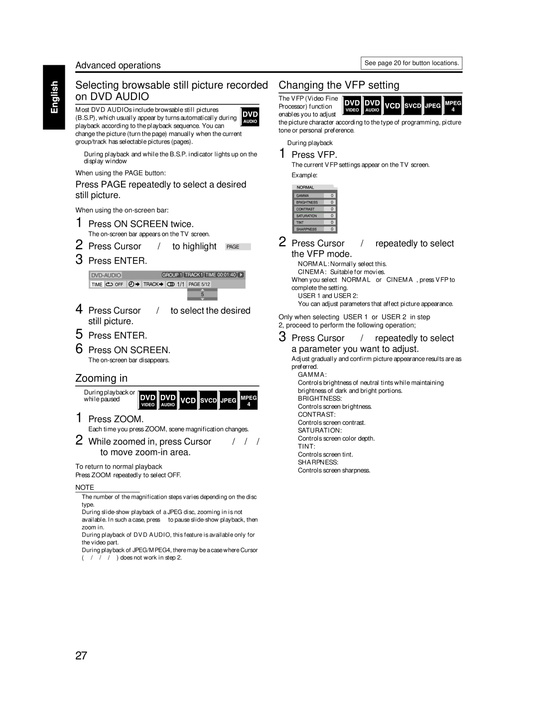 JVC TH-S2, TH-S3 manual Selecting browsable still picture recorded on DVD Audio, Zooming, Changing the VFP setting 