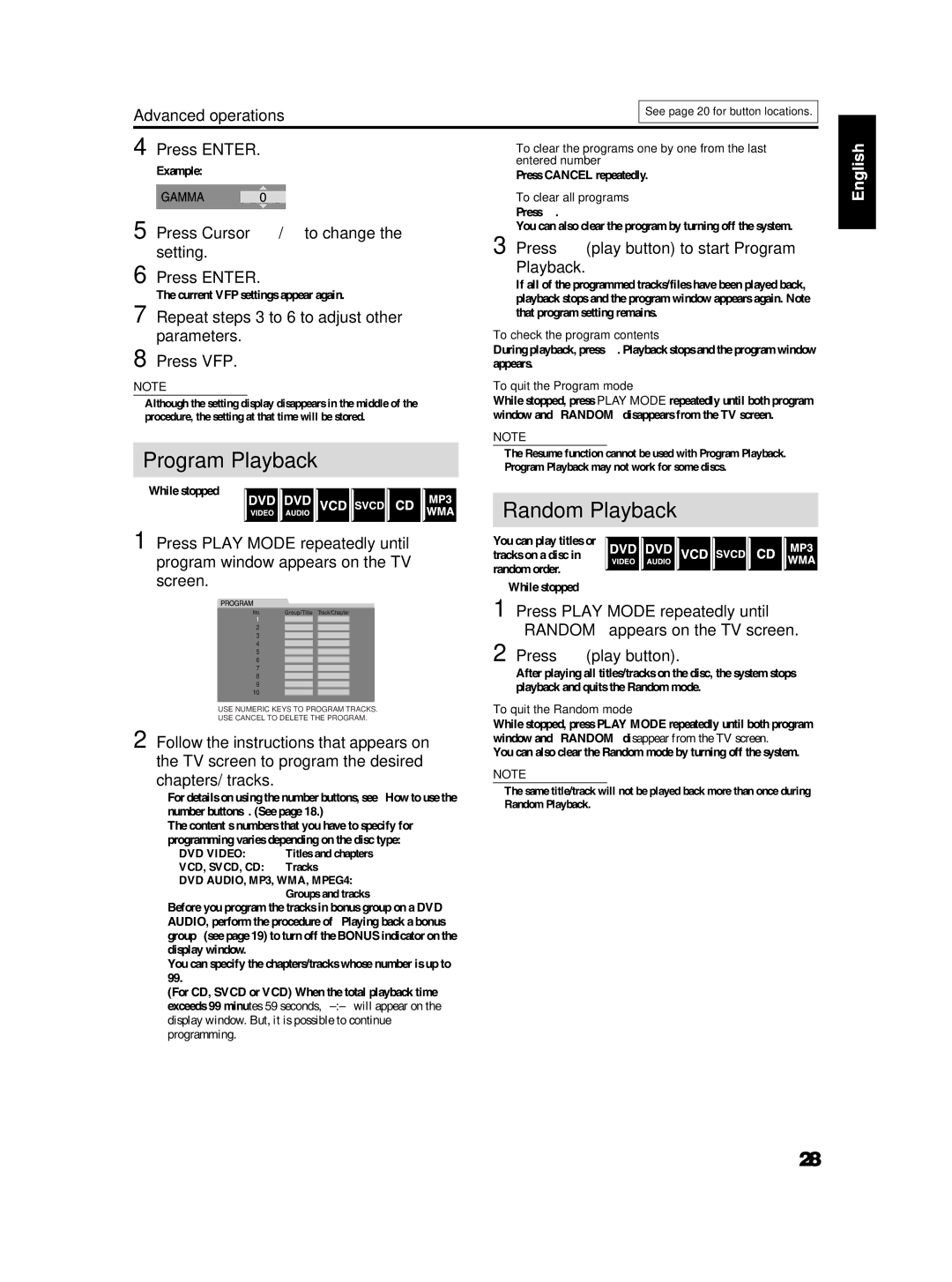 JVC TH-S3, TH-S2 manual Program Playback, Random Playback, Press Cursor Y/5 to change the setting Press Enter 