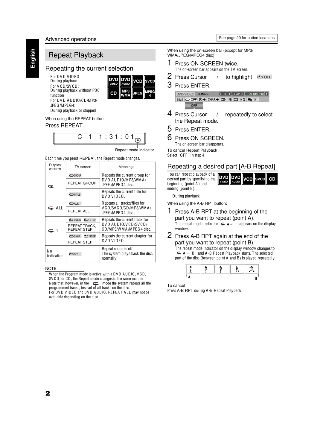 JVC TH-S2 Repeat Playback, Repeating the current selection, Repeating a desired part A-B Repeat, 1 3 1 0, Press Repeat 