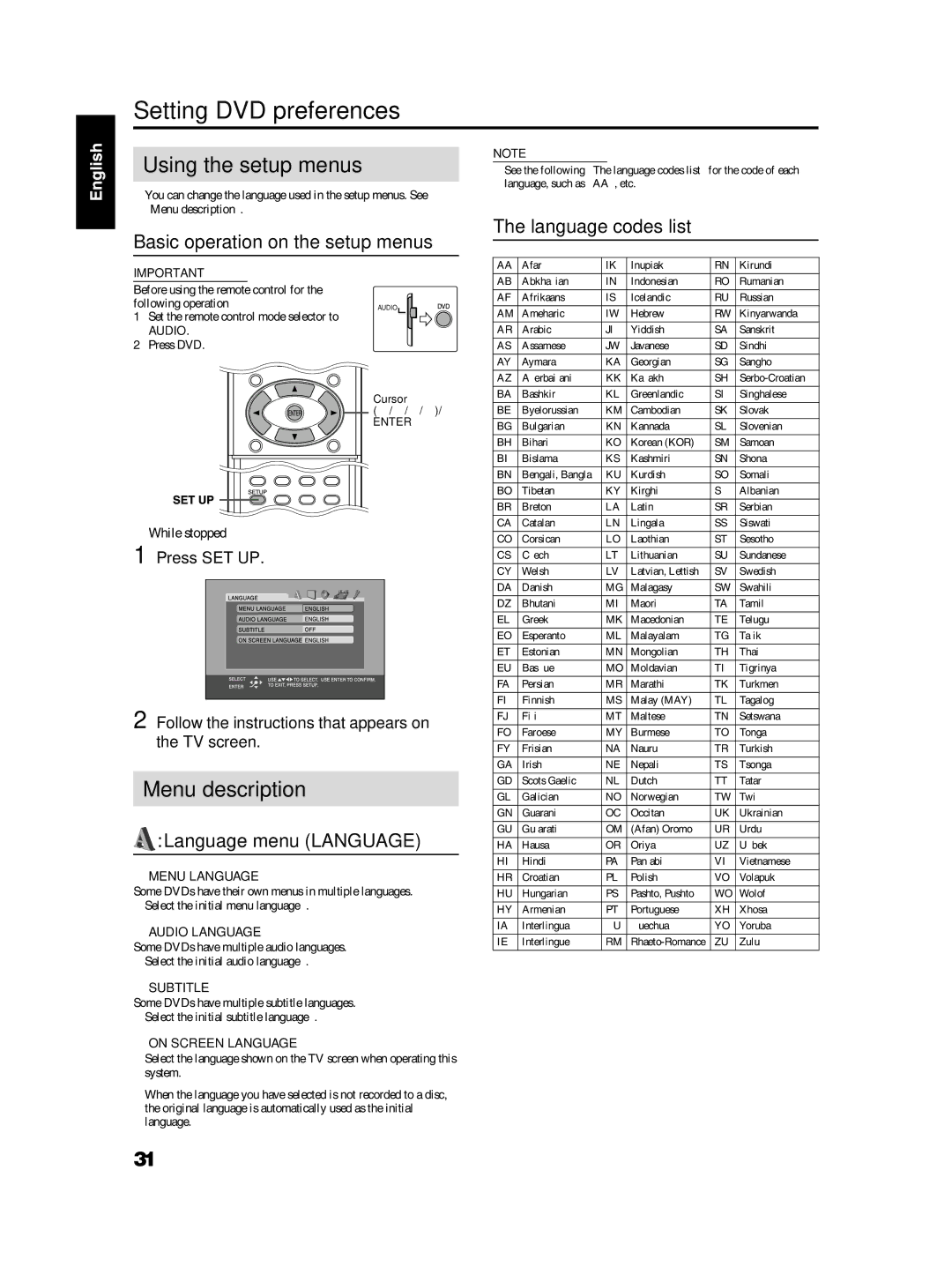 JVC TH-S2, TH-S3 manual Setting DVD preferences, Using the setup menus, Menu description 