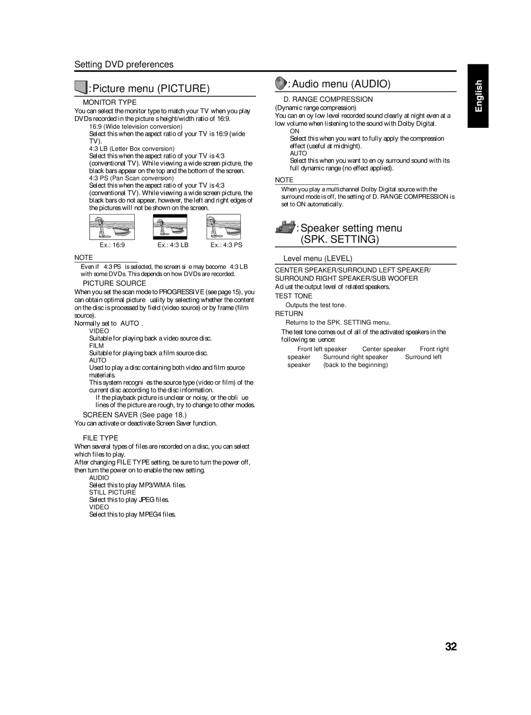 JVC TH-S3, TH-S2 manual Picture menu Picture, Audio menu Audio, Speaker setting menu 