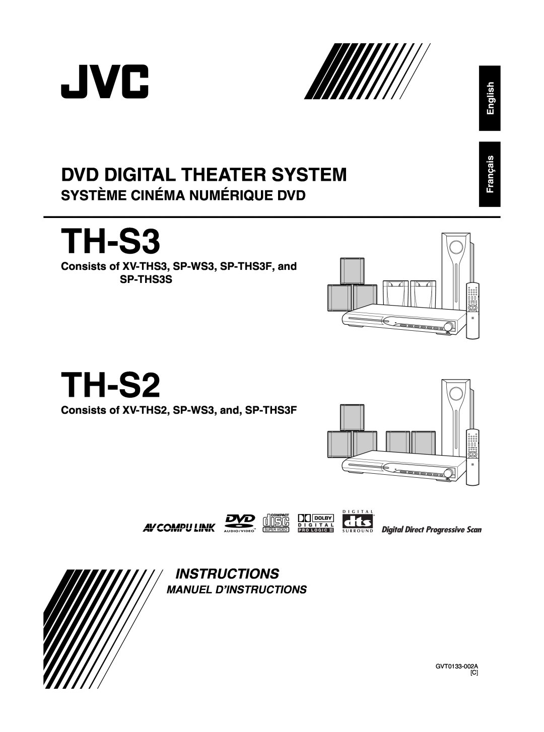 JVC TH-S3 manual Système Cinéma Numérique Dvd, TH-S2, Dvd Digital Theater System, Manuel D’Instructions, GVT0133-002AC 