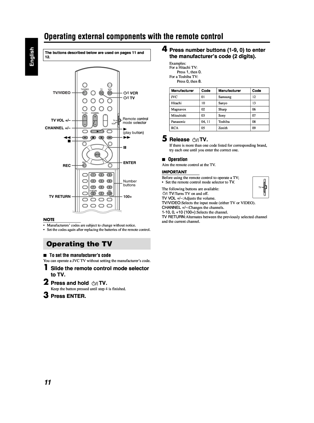 JVC TH-S2 manual Operating the TV, Slide the remote control mode selector to TV, Press and hold TV, Press ENTER, Release TV 