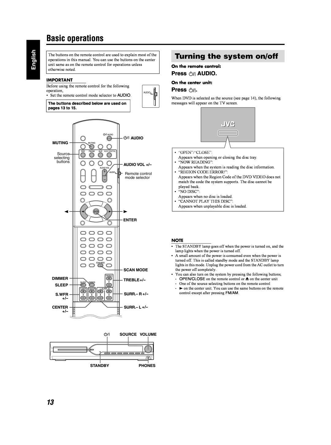 JVC TH-S2, TH-S3 manual Basic operations, Turning the system on/off, Press AUDIO, On the remote control, On the center unit 