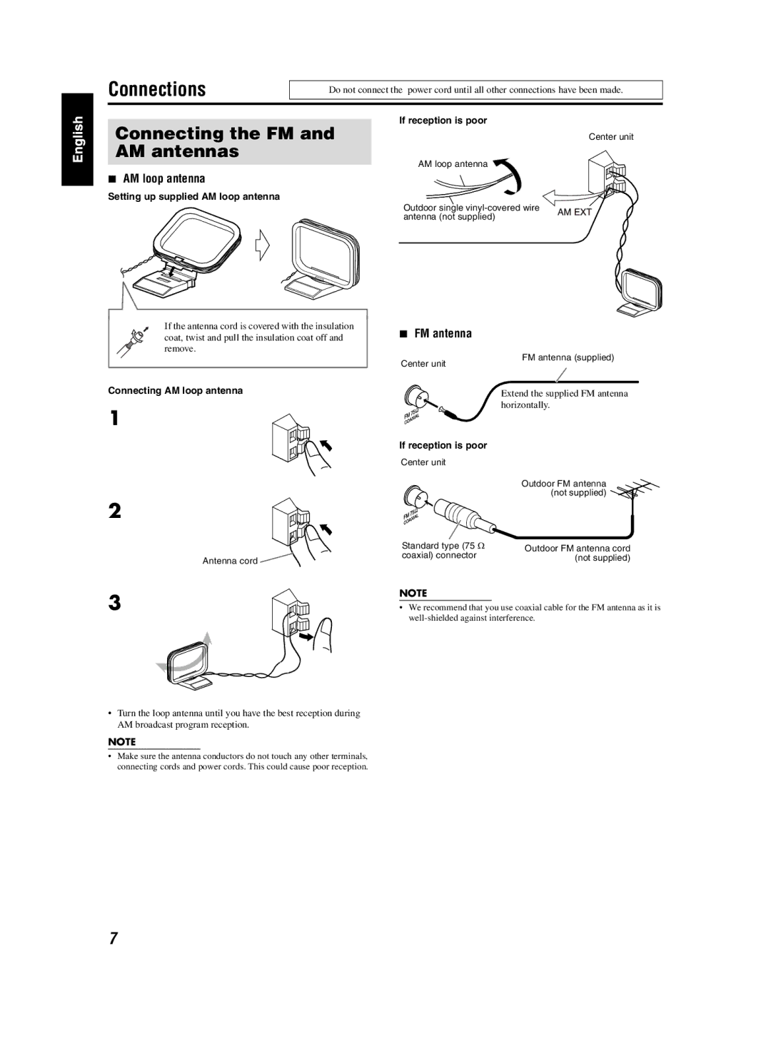 JVC TH-S3 TH-S2 manual Connections, Connecting the FM and AM antennas, AM loop antenna, FM antenna 