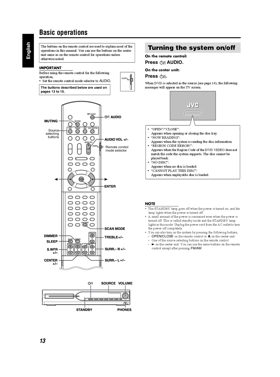 JVC TH-S3 TH-S2 manual Basic operations, Turning the system on/off, Press Audio 