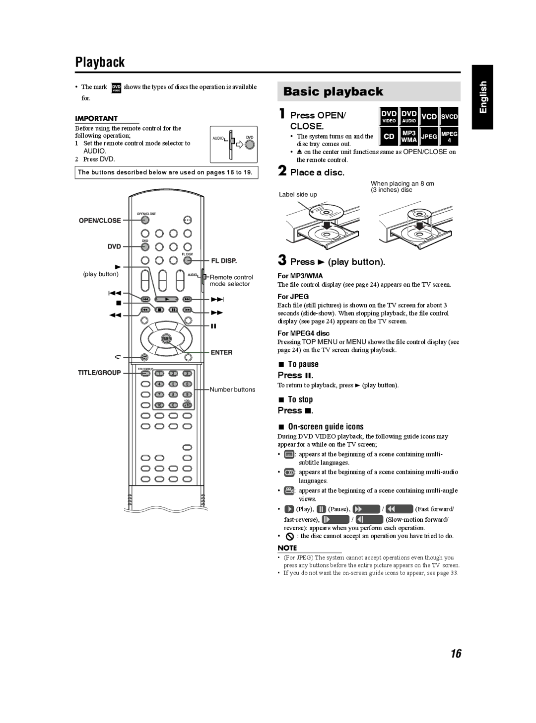 JVC TH-S3 TH-S2 manual Playback, Basic playback, Press Open, Place a disc, Press 3 play button 