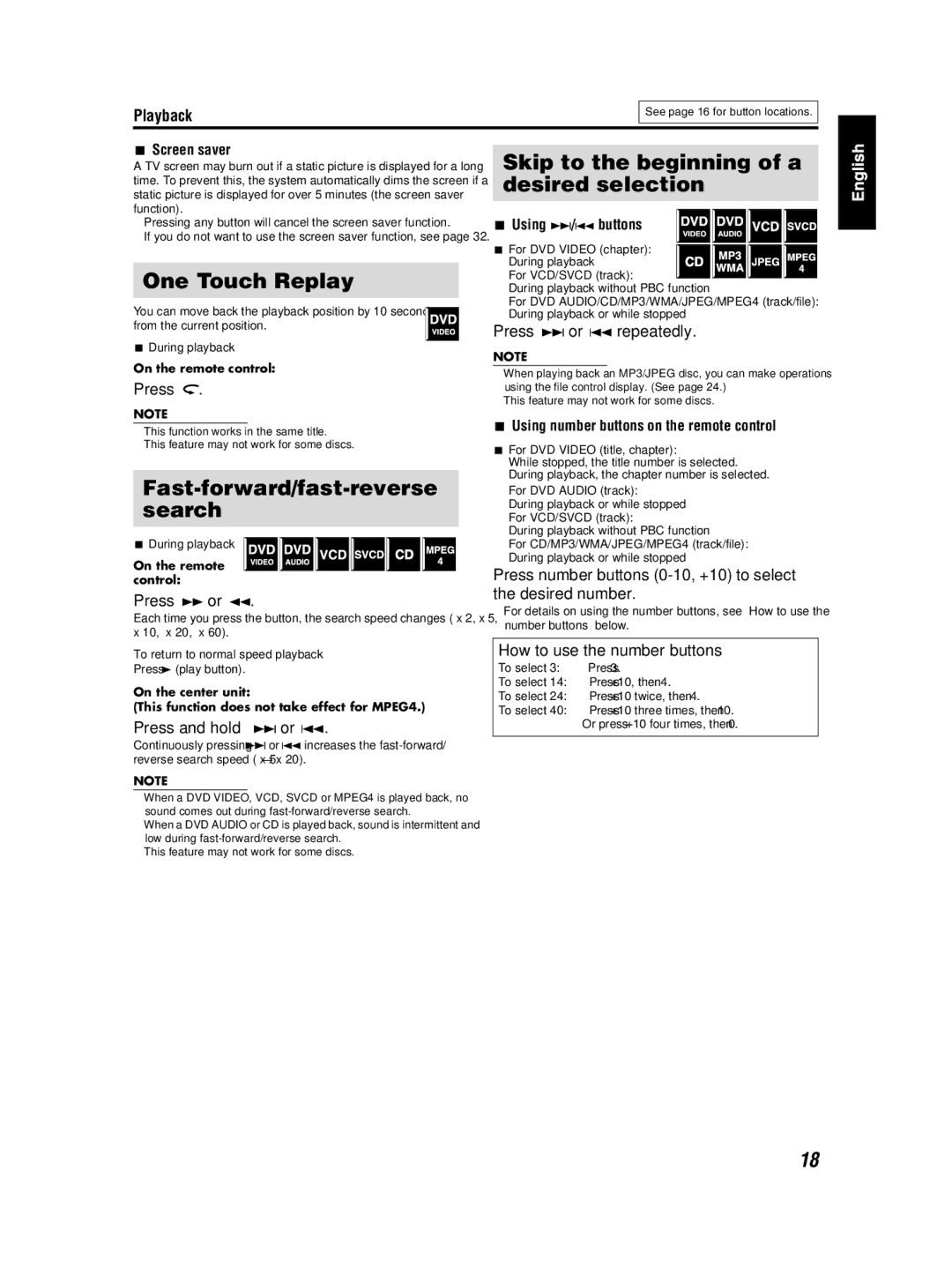 JVC TH-S3 TH-S2 manual One Touch Replay, Fast-forward/fast-reverse search, Skip to the beginning of a desired selection 