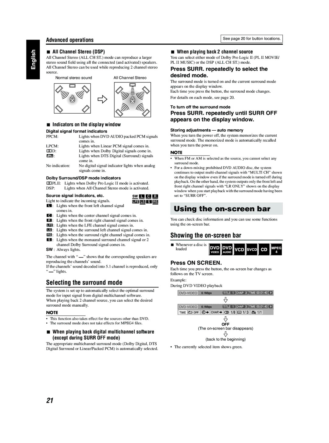 JVC TH-S3 TH-S2 manual Using the on-screen bar, Selecting the surround mode, Showing the on-screen bar, Press on Screen 