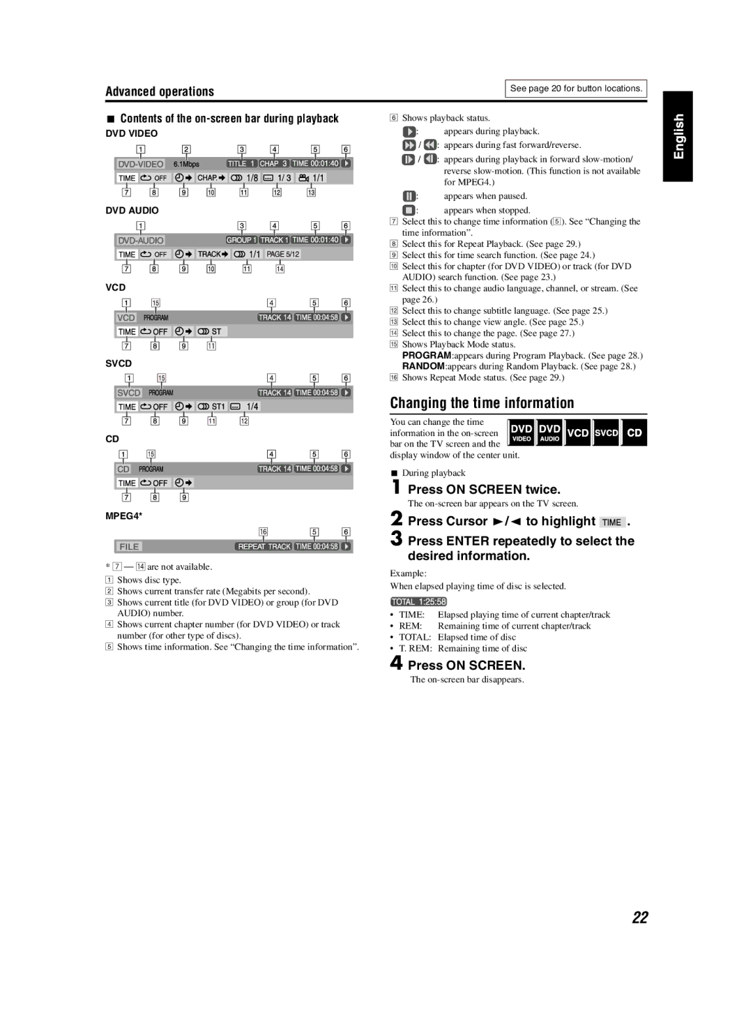 JVC TH-S3 TH-S2 manual Changing the time information, Press on Screen twice, Contents of the on-screen bar during playback 