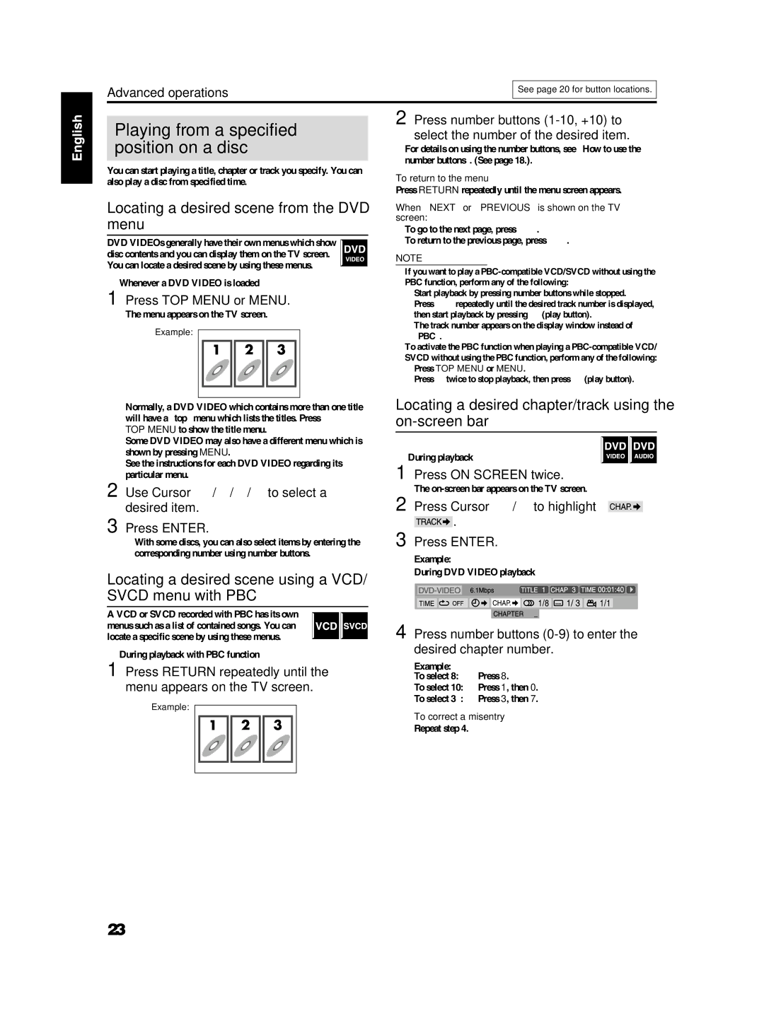 JVC TH-S3 TH-S2 manual Playing from a specified position on a disc, Locating a desired scene from the DVD menu 