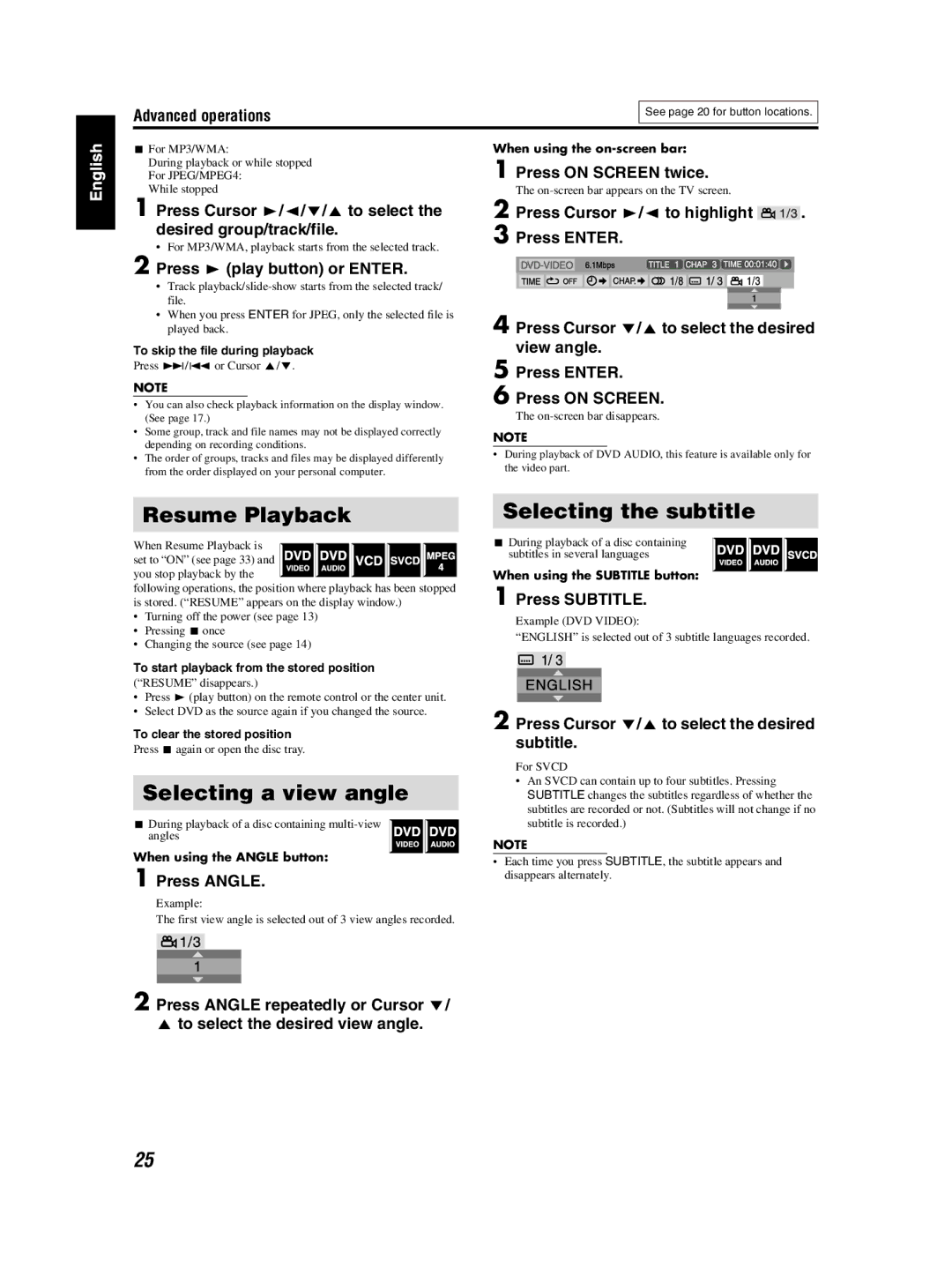 JVC TH-S3 TH-S2 manual Resume Playback, Selecting a view angle, Selecting the subtitle 