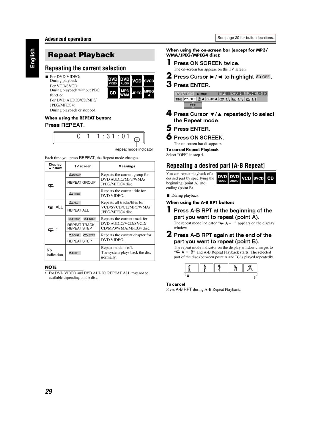 JVC TH-S3 TH-S2 manual Repeat Playback, Repeating the current selection, Repeating a desired part A-B Repeat, 1 3 1 0 