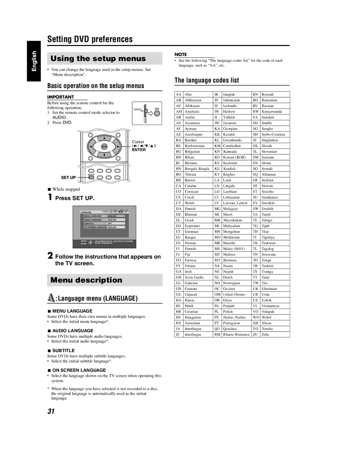 JVC TH-S3 TH-S2 manual Setting DVD preferences, Using the setup menus, Menu description 