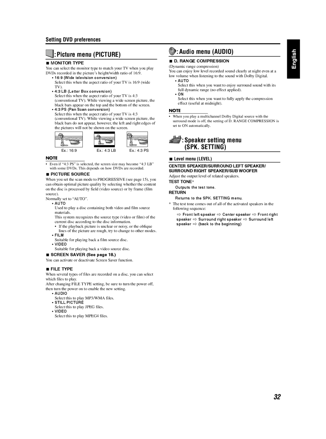 JVC TH-S3 TH-S2 manual Picture menu Picture, Audio menu Audio, Speaker setting menu 