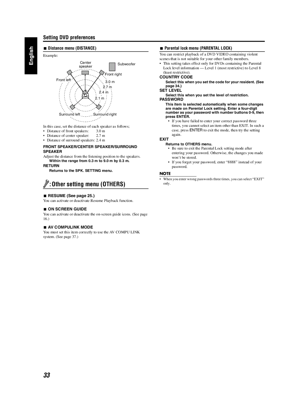 JVC TH-S3 TH-S2 manual Other setting menu Others, This case, set the distance of each speaker as follows 