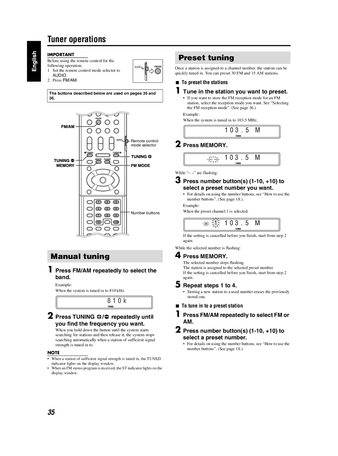 JVC TH-S3 TH-S2 manual Tuner operations, Manual tuning, Preset tuning, 0 k 