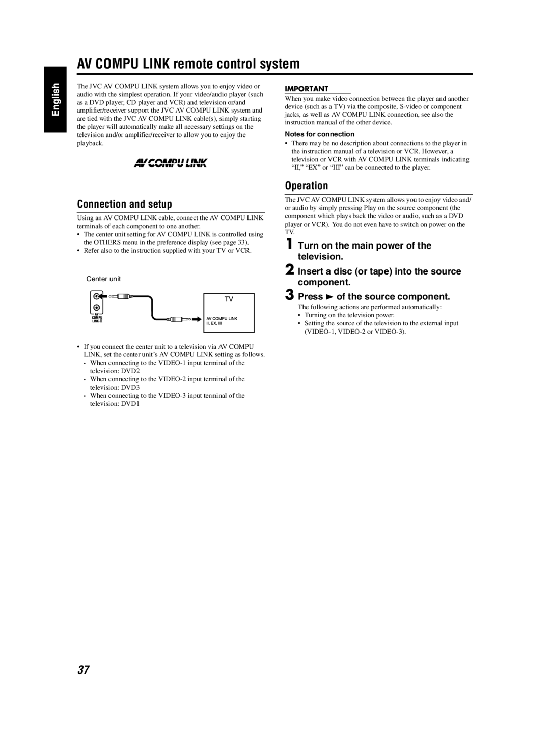 JVC TH-S3 TH-S2 manual AV Compu Link remote control system, Connection and setup, Operation 