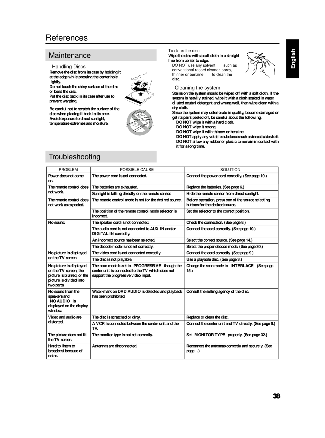 JVC TH-S3 TH-S2 manual References, Maintenance, Troubleshooting, Handling Discs, Cleaning the system 