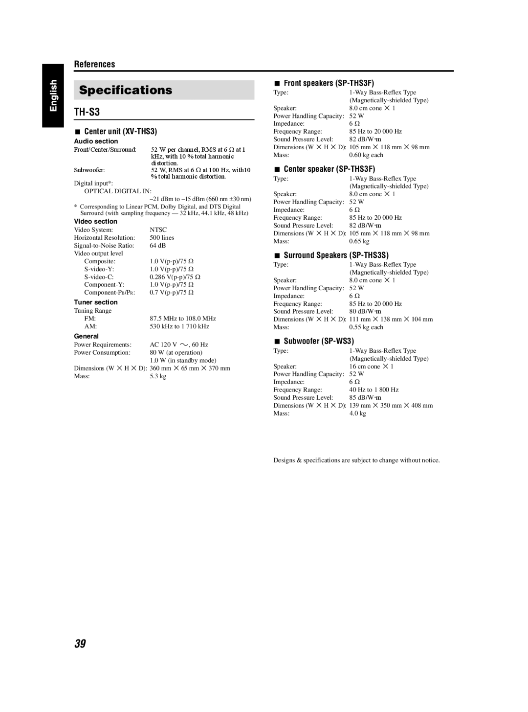 JVC TH-S3 TH-S2 manual Specifications 