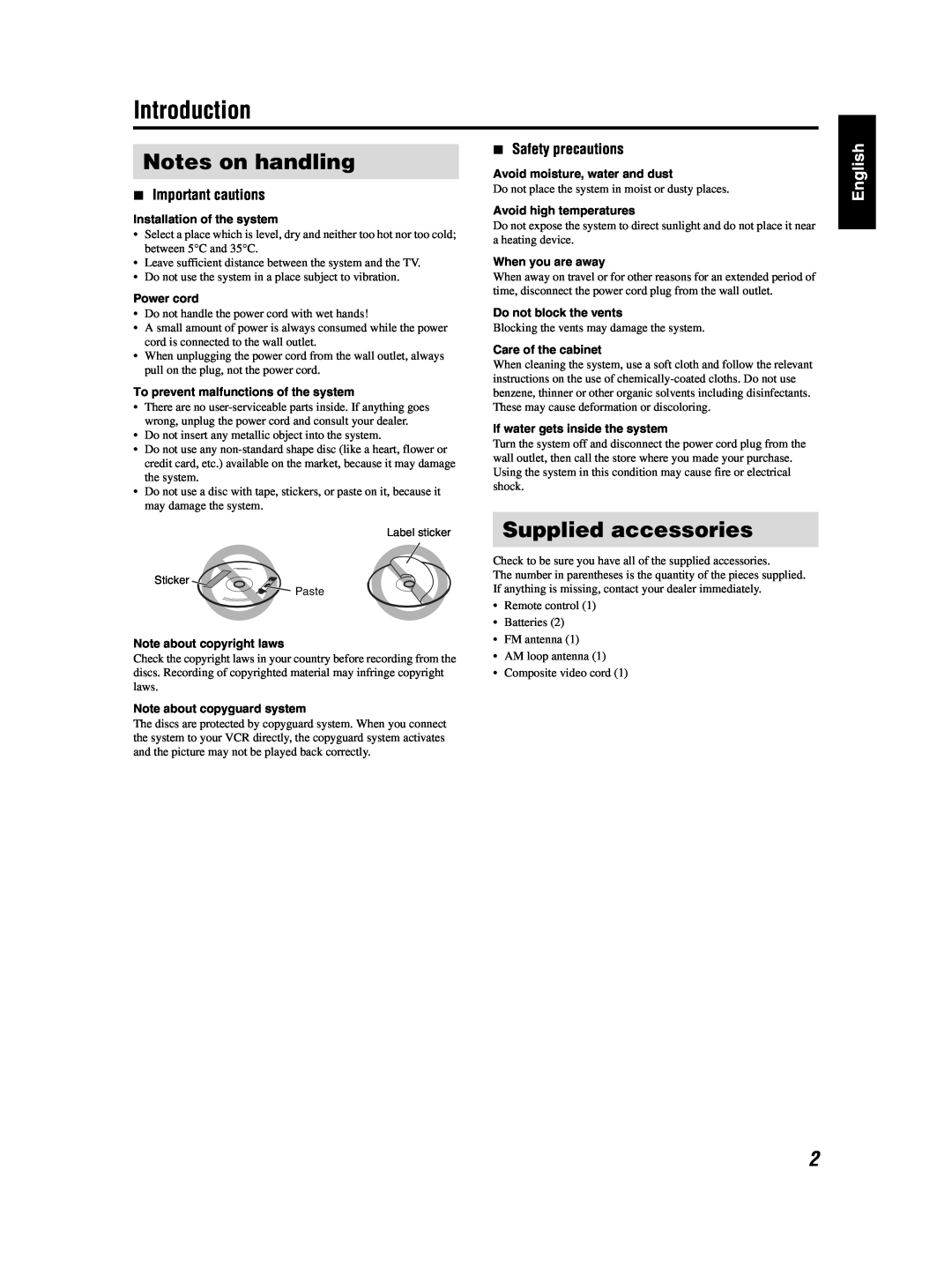 JVC TH-S3 TH-S2 manual Introduction, Notes on handling, Supplied accessories, 7Important cautions, 7Safety precautions 