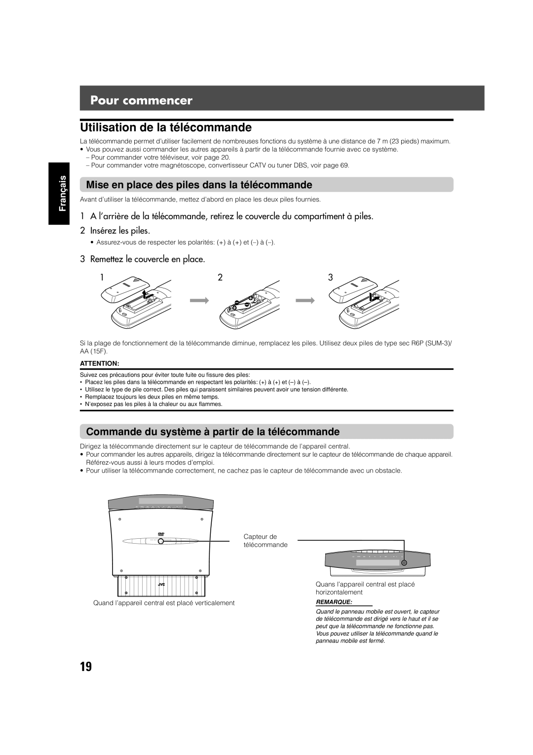 JVC TH-V70 Utilisation de la télécommande, Mise en place des piles dans la télécommande, Remettez le couvercle en place 