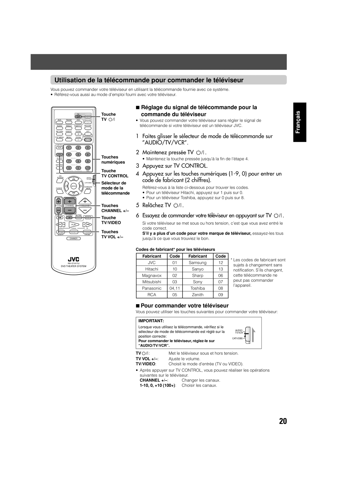 JVC TH-V70 manual Utilisation de la télécommande pour commander le téléviseur, Réglage du signal de télécommande pour la 