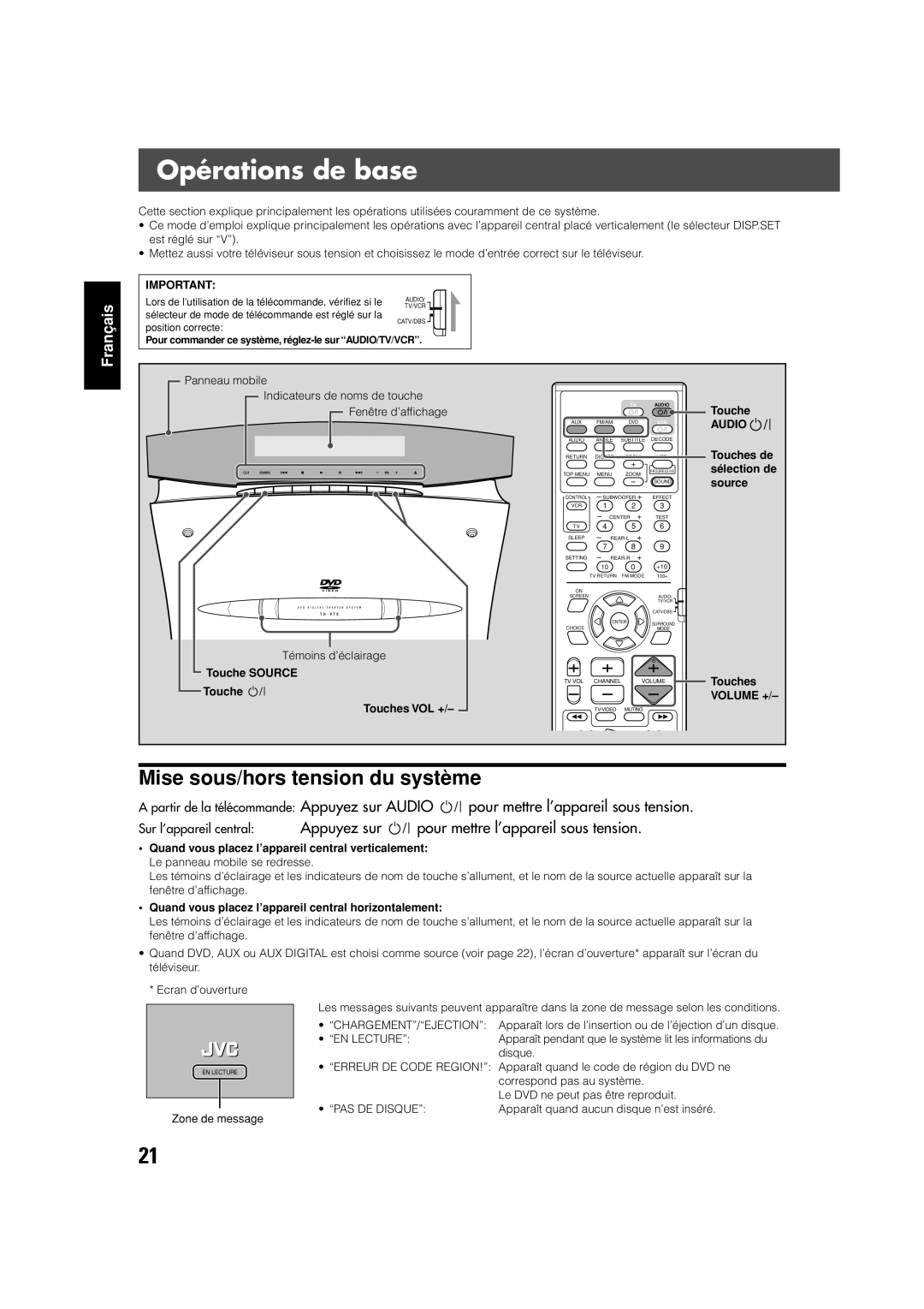 JVC TH-V70 manual Opérations de base, Mise sous/hors tension du système, Audio, Volume + 