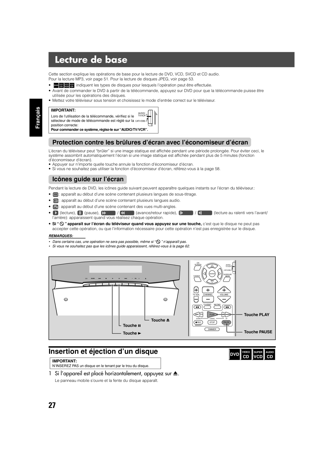 JVC TH-V70 manual Lecture de base, Icônes guide sur l’écran, Si l’appareil est placé horizontalement, appuyez sur 