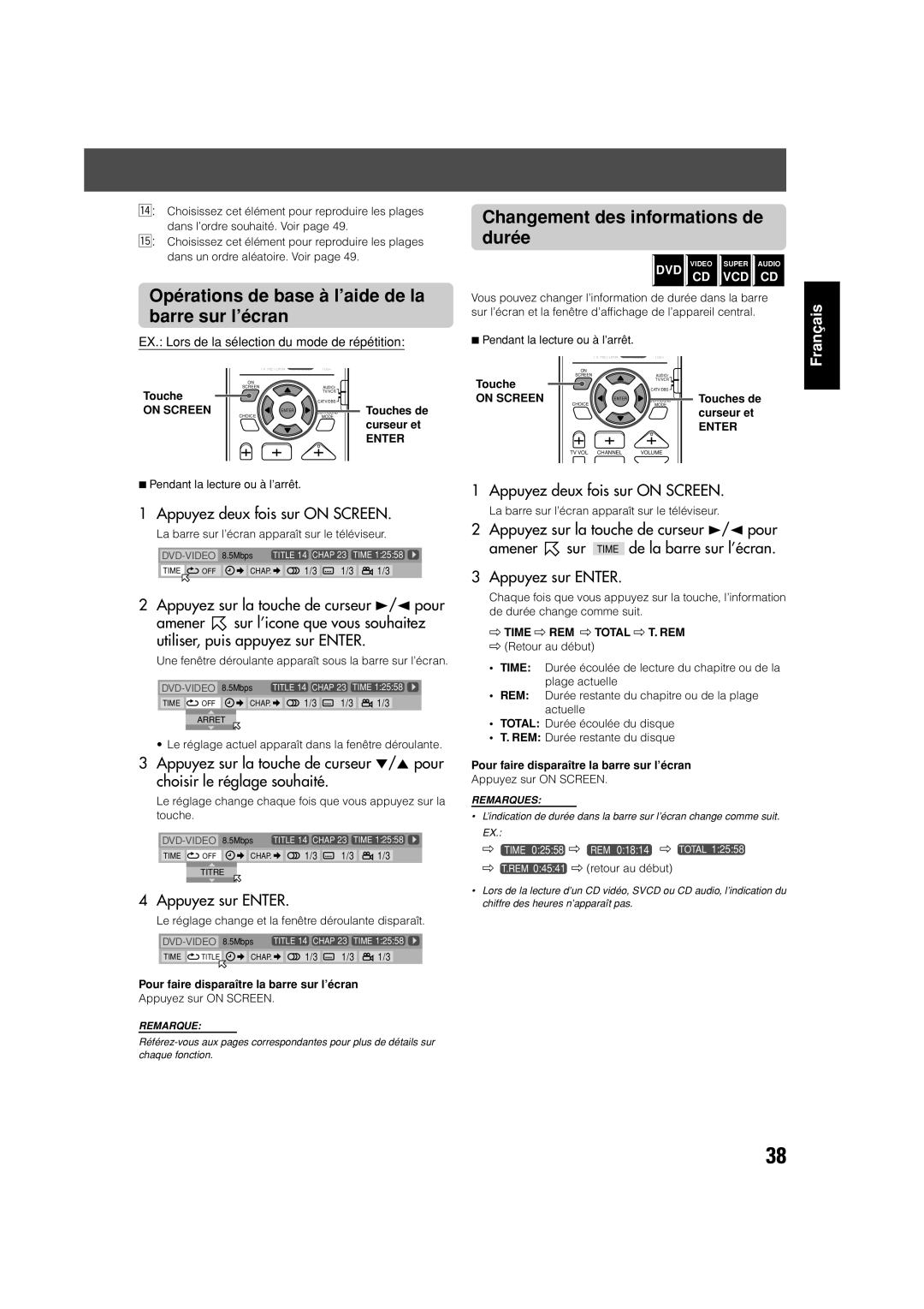 JVC TH-V70 Opérations de base à l’aide de la barre sur l’écran, Changement des informations de durée, Appuyez sur Enter 