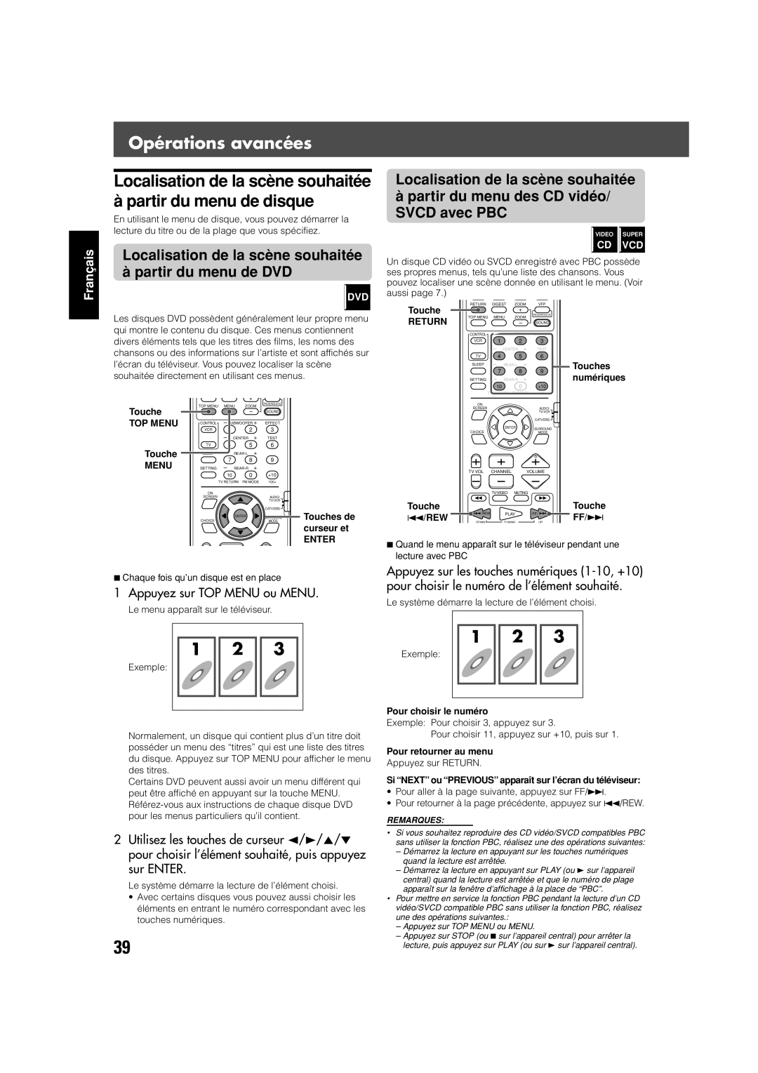 JVC TH-V70 Opérations avancées, Localisation de la scène souhaitée Partir du menu de disque, Appuyez sur TOP Menu ou Menu 