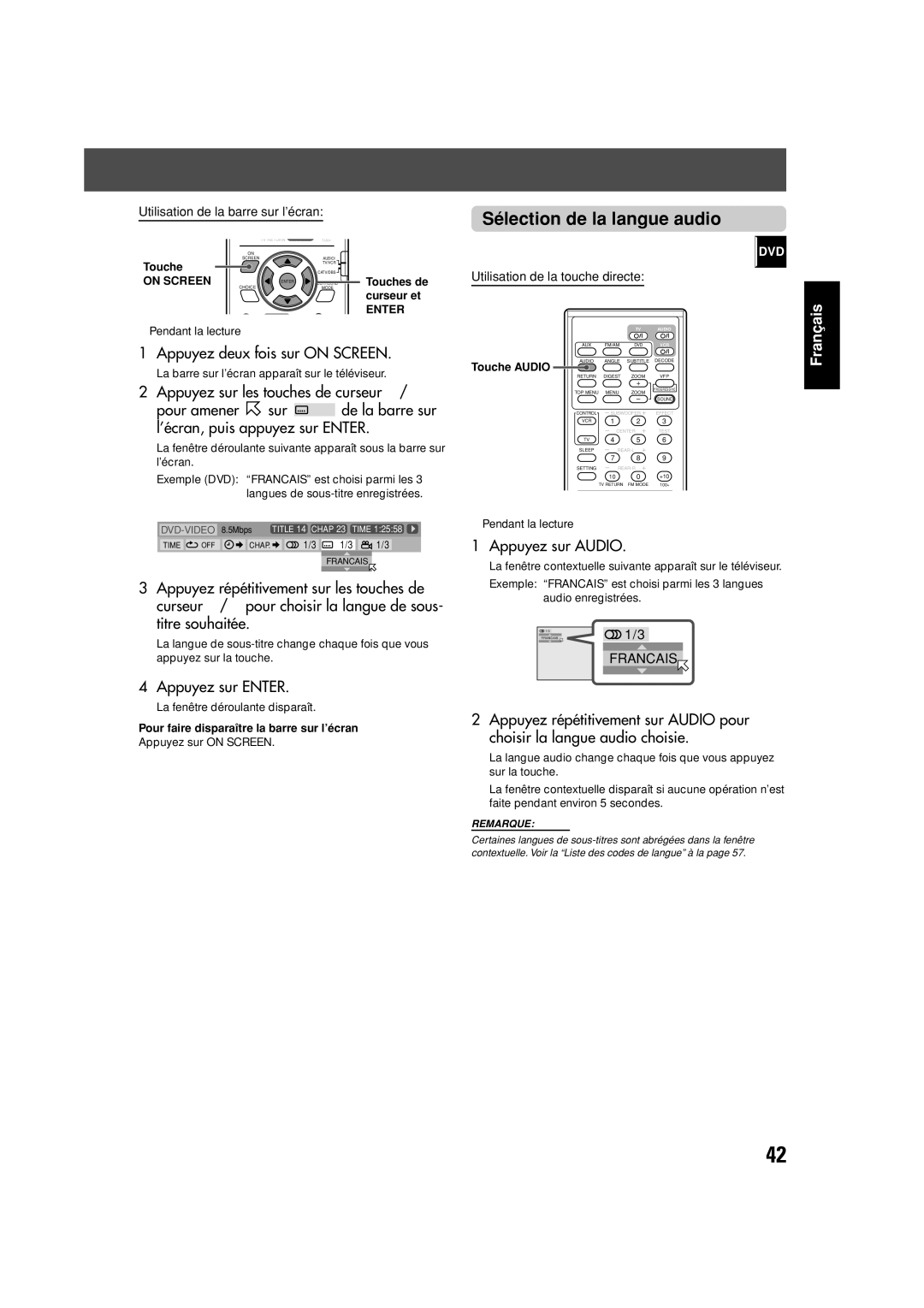 JVC TH-V70 manual Sélection de la langue audio, Appuyez sur Audio, Touche Audio 