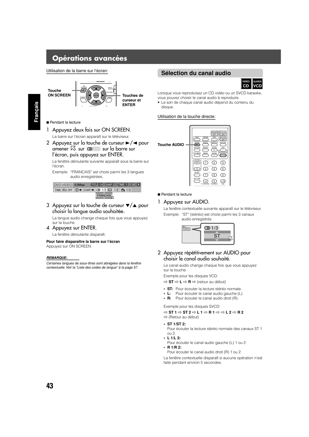 JVC TH-V70 manual Sélection du canal audio, ST 1 ST 2 L 1 R 1 L 2 R, ST 1/ST 