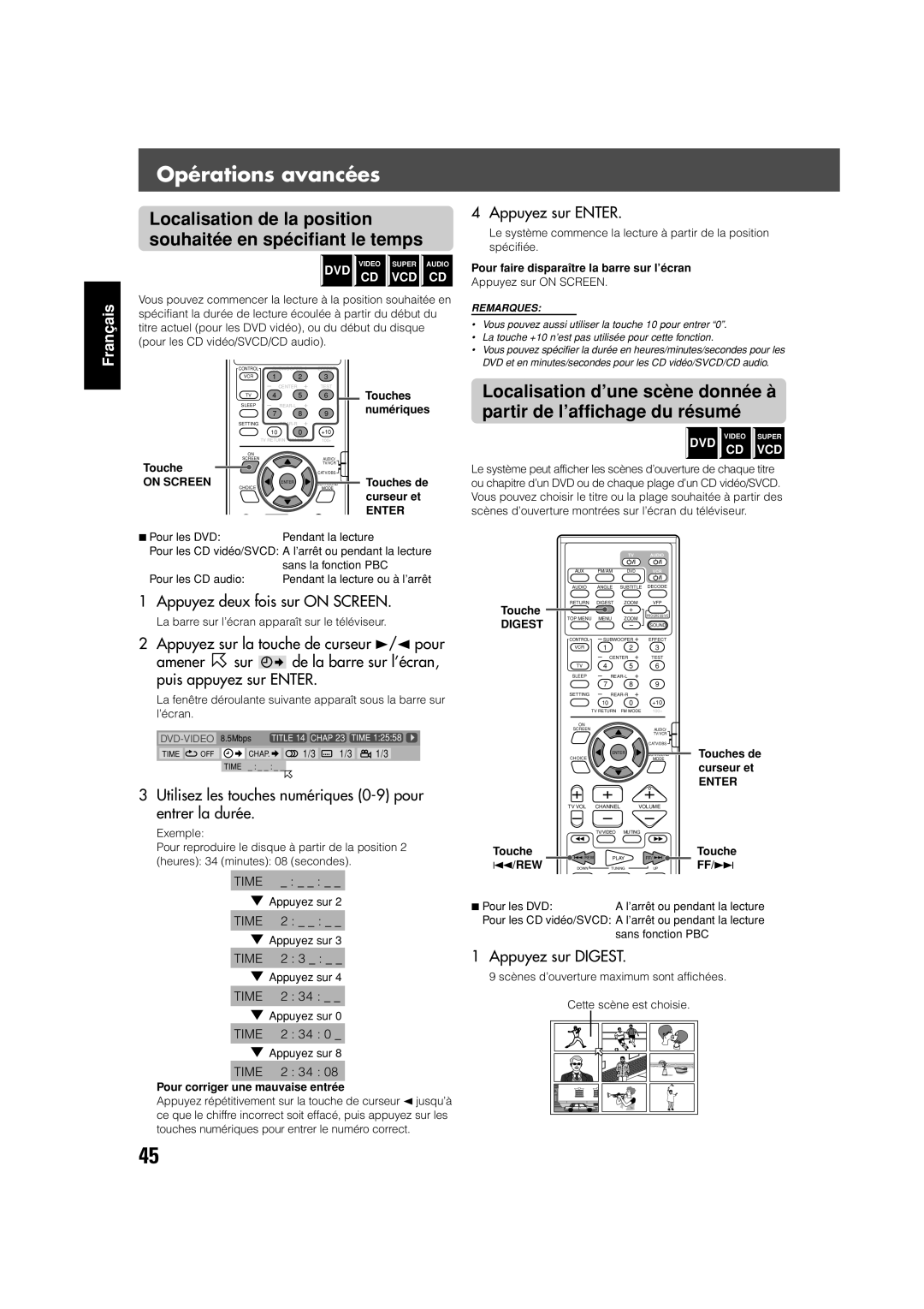 JVC TH-V70 manual Utilisez les touches numériques 0-9 pour entrer la durée, Appuyez sur Digest, ∞ Appuyez sur 